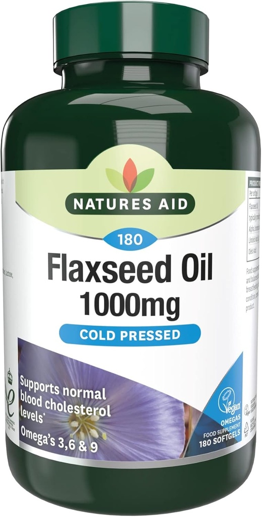Natures Aid Flaxseed Oil 1000mg Cold Pressed (Omega 3, 6 + 9) 180 čepice. Vhodné pro vegetariány.
