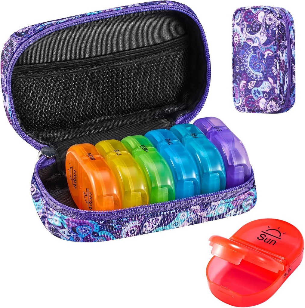 Serfeymi Týdenní Travel Pill Organizátor 2 Times A Day PM Upgraded Rainbow Pill Box 7 Day with Portable Zipper Canvas Pill Case, Medicine Organizer for Pills, Vitamíny, Fish Oils - Purple 01