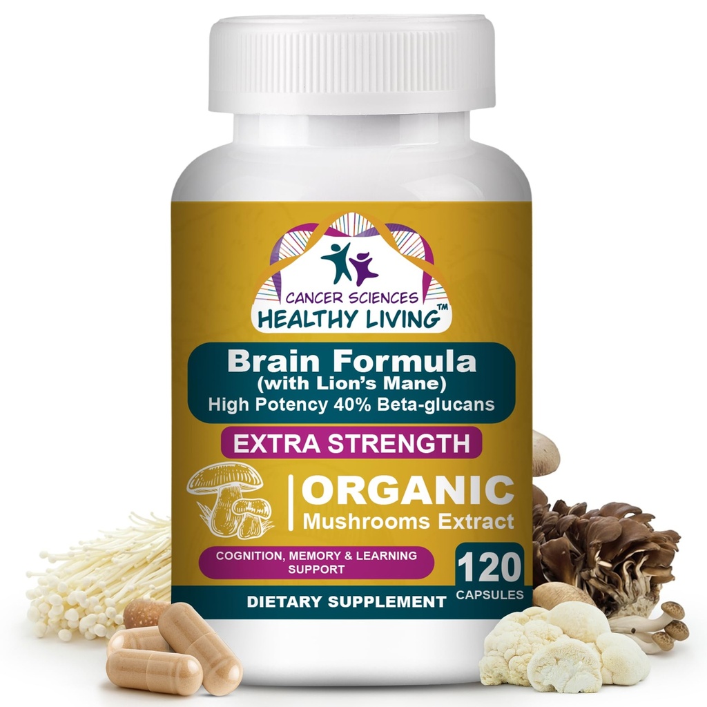 Cancer Sciences Brain Supplements for Memory and Focus - 1 500 mg Mozková houba doplněk pro dospělé a seniory - High Potency 40% Beta- Glukans for Immunical Support & Vitamíny, 120 Kapsle