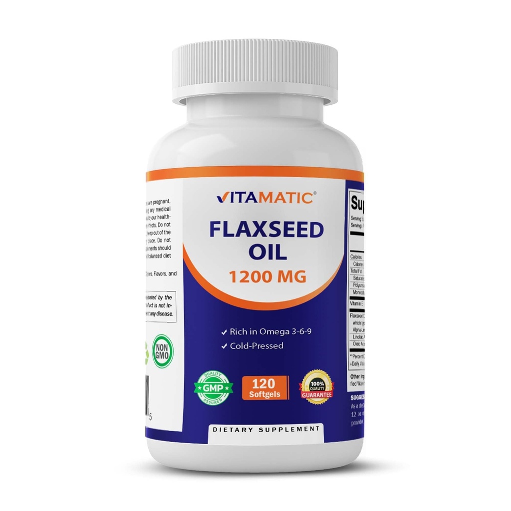 Vitamatic Flaxseed Oil 1200 mg - 120 Softgels Cold- Pressed Flaxseed Oil s 675 mg ALA Omega33 - Podporuje srdeční zdraví a celkové wellness
