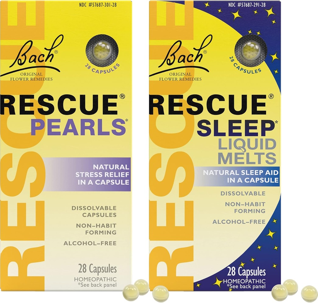 Stress & Sleep Bundle, Bach RescUE Pearls, Natural Stress Relief [a] RESCUE Sleep Liquid Melts, Natural Sleep Aid - 2-Pk, Homeopatická květinová esence