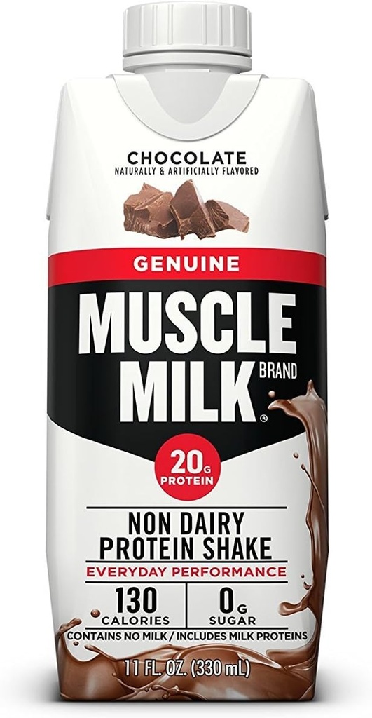 Muscle Milk Genuine Protein Shake, Chocolate, 11 Fl Oz Carton, 12 Pack, 25g Protein, Nulový cukr, vápník, Vitamíny A, C & D, 5g Fiber, Energizing Snack, Workout Recovery, Balení May Vars