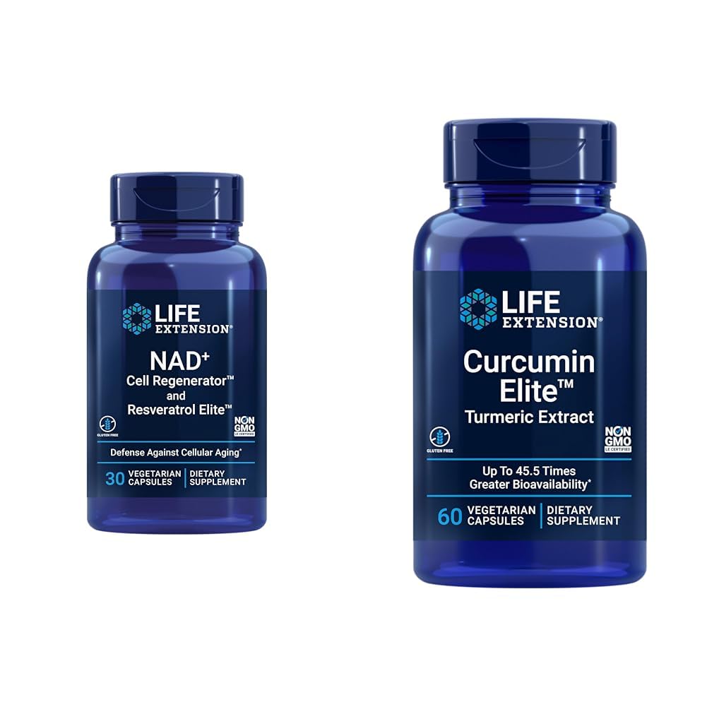 Life Extension NAD + Buněčný regenerátor a Resveratrol Elite, NIAGEN nikotinamid riboside & Curcumin Elite Turmeric Extract, podporuje zdravou zánětlivou reakci