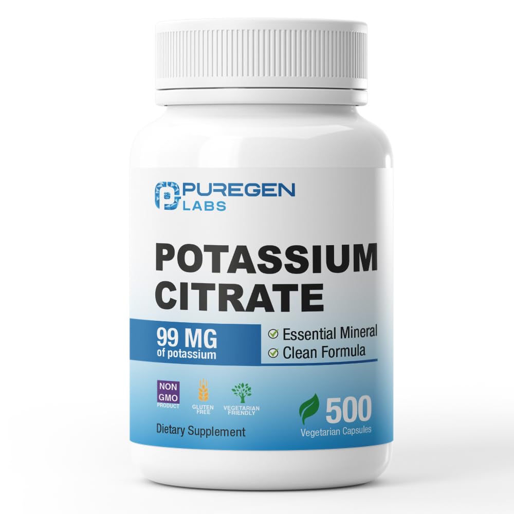 Puregen Labs Draslík Citrát 99 mg Elemental Draslík Supplement CLAS124; No Harmful Additives CLAS124; Non- GMO, gluten Free CLAS124; Made in USA - 500 Vegetariánské kapsle