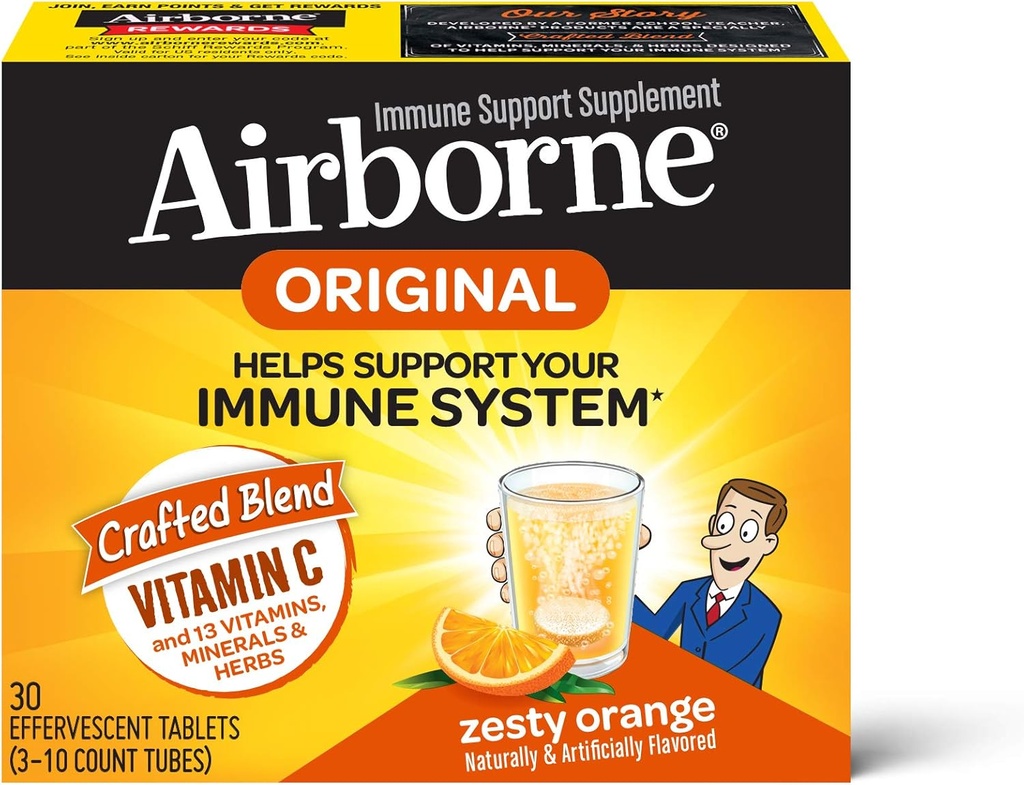 Airborne Zesty Orange Effervescent Tablety, 1000mg vitaminu C - doplněk imunitní podpory 30ea