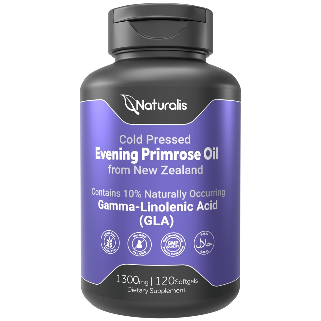 Naturalis Evening Primrose Oil (1300mg) - 124; 100% přírodní z Nového Zélandu - 124; Non- GMO, Soy & Gluten Free, Zero Filler - 124; 120 Softgels