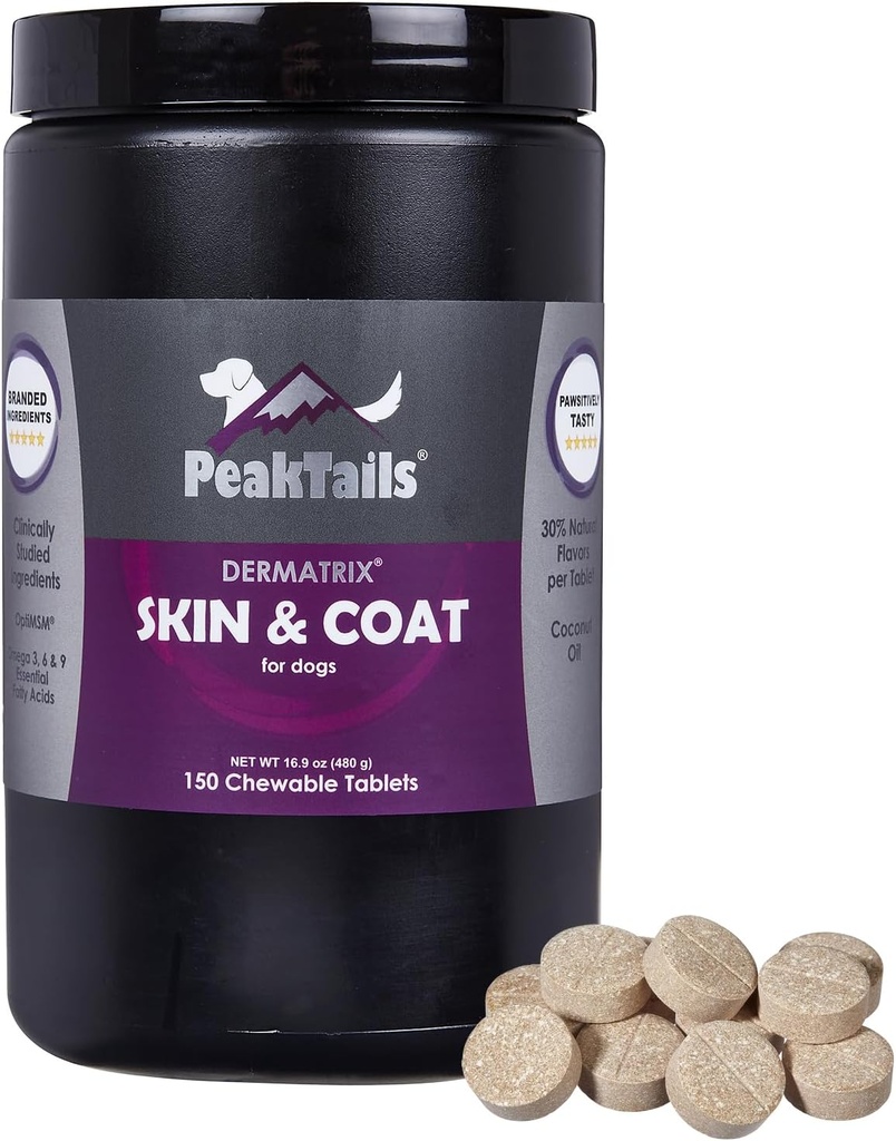 Kala Zdraví PeakTails kůže & Coat podpora pro psy - 150 Žvýkací tablety s MSM, Fish Oil, Omega-3 & Omega-6 - Podporuje zdravou pleť, lesklé coat
