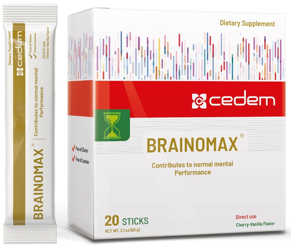Švýcarsko BRAINOMAX 20 Powder Sticks, Mozek Booster Dodatek, Cherry-Vanilla Flavor s Citicoline, N-Acetyl-L-Carnitin, Nootropní mozkové doplňky pro paměť a zaměření, kognitivní podpora