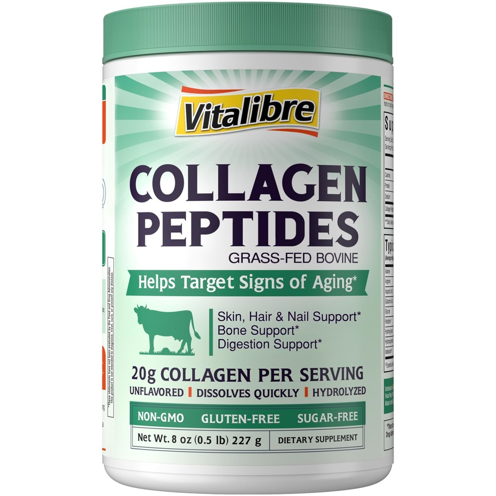 Bovine Collagen Peptides Prášek pro ženy a muže, Grass- Fed hydrolyzované kolagen protein typu I & III, kůže, vlasy, nehty, kosti, trávení, bez příchutí, Non- GMO, Keto & GF, 11 Služeb, 8oz