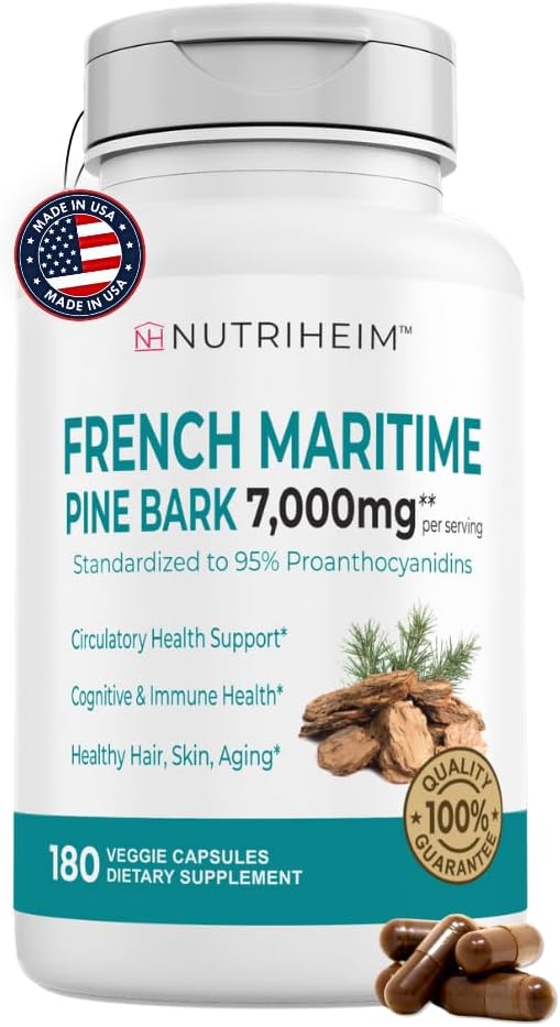 Francouzský námořní Pine Bark Extract 7000mg s 95% Proanthocyanidins pro oběh, srdce zdraví, kůže, kognitivní podpora - 20: 1 poměr & 180 Veggie Kapsle - Non- GMO, gluten- Free, Vegan- Friendly