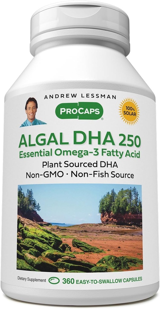 ANDREW LESSMAN Algal DHA 250mg 360 Softgels - Plant- based Omega-3 Oils, Natural Marine Algae, High DHA, Non-GMO, High Potency, No Stomach Upset, No Fish After taste. Malé snadné spolknout