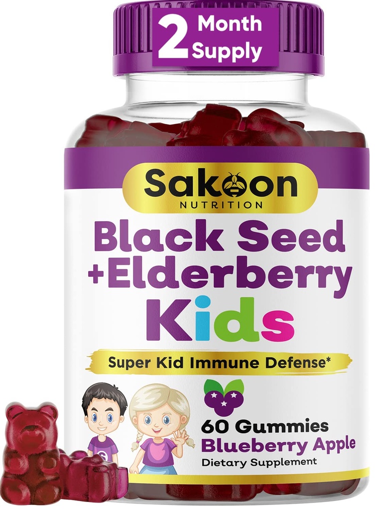 Sakoon nutrition Elderberry & Black Seed Oil Gummies for Kids, Imunitní podpora, s vitamínem C a zinkem, Delicious Berry Flavor, 60 Gumy