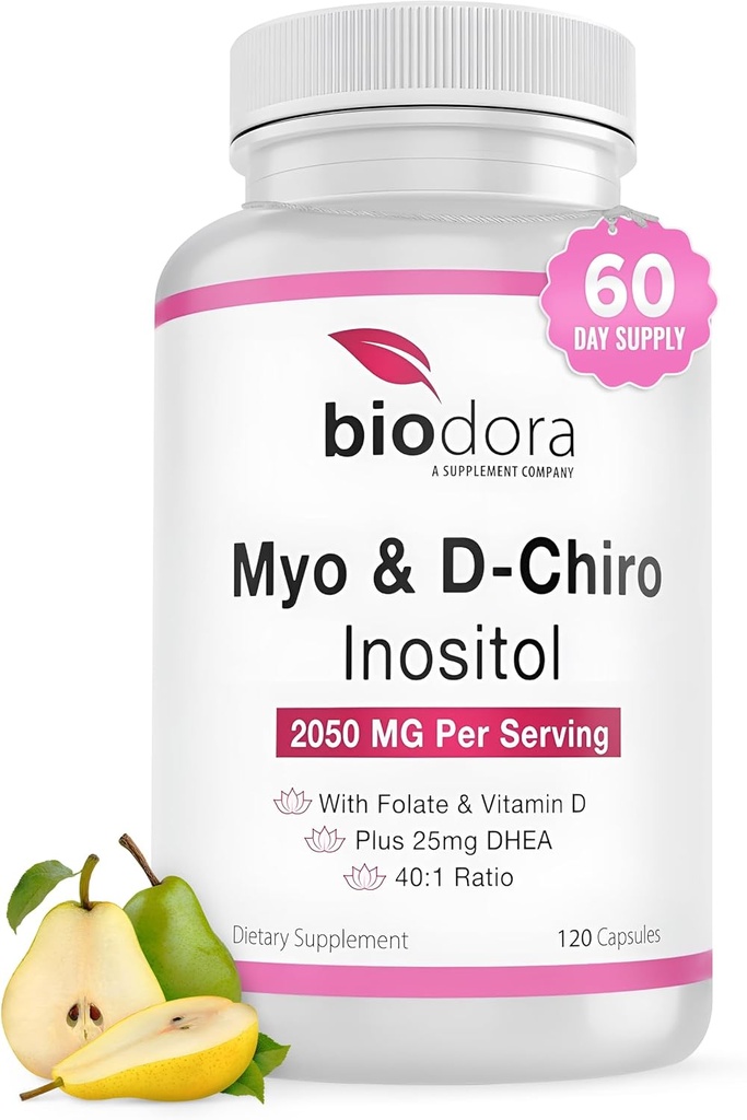 Myo & D-Chiro Inositol dodatek, s folátem a vitamínem D, 40 až 1 poměr, zahrnuje DHEA, pomáhá v hormonální rovnováze, ovariální funkce, 2050mg na servírování, 120 Kapsle