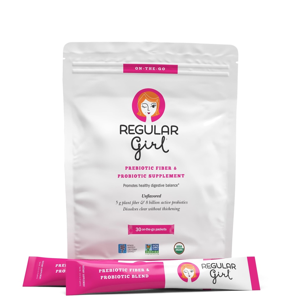 Regular Girl Organic Powder, Prebiotic Fiber Supplement a Probiotika pro ženy, Nízká FODMAP, 30 On-The-Bean Packets, Neochucené, 30 Serving Packets