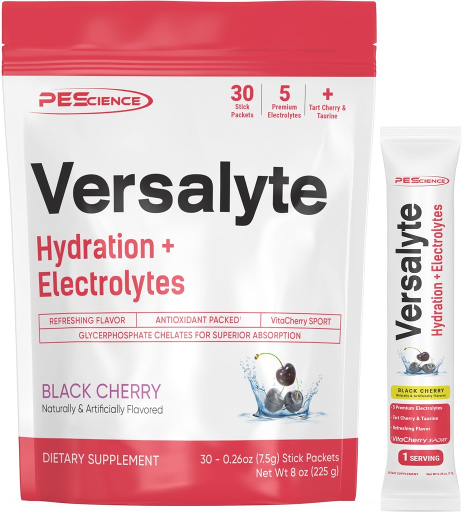 Pescience Versalite Electrolyte Hydration Packets, Sugar Free Electrolyte Powder with Magnesium, Taurin, Antioxidanty, Stopy Minerály - Black Cherry, 30 Servings
