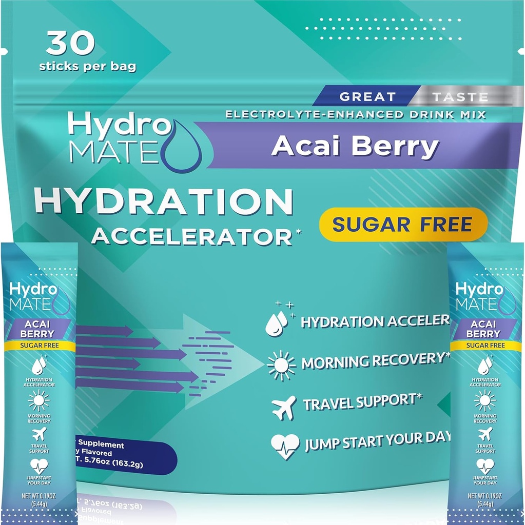 Electrolyte Powder Sugar- Free Hydration Packets Acai Berry HydroMATE 30 Sticks