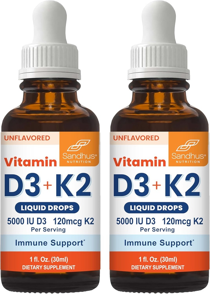 Sandhu 's Vitamin D3 K2 Kapky pro dospělé 124; 5000 IU D3 Liquid, 120mcg K2 dodatek 1 Fl Oz (Balení po 2) Duševní 124; D3K2 podporuje Superior Absorpce, Energie, Imunita, Svalové zdraví pro muže a ženy