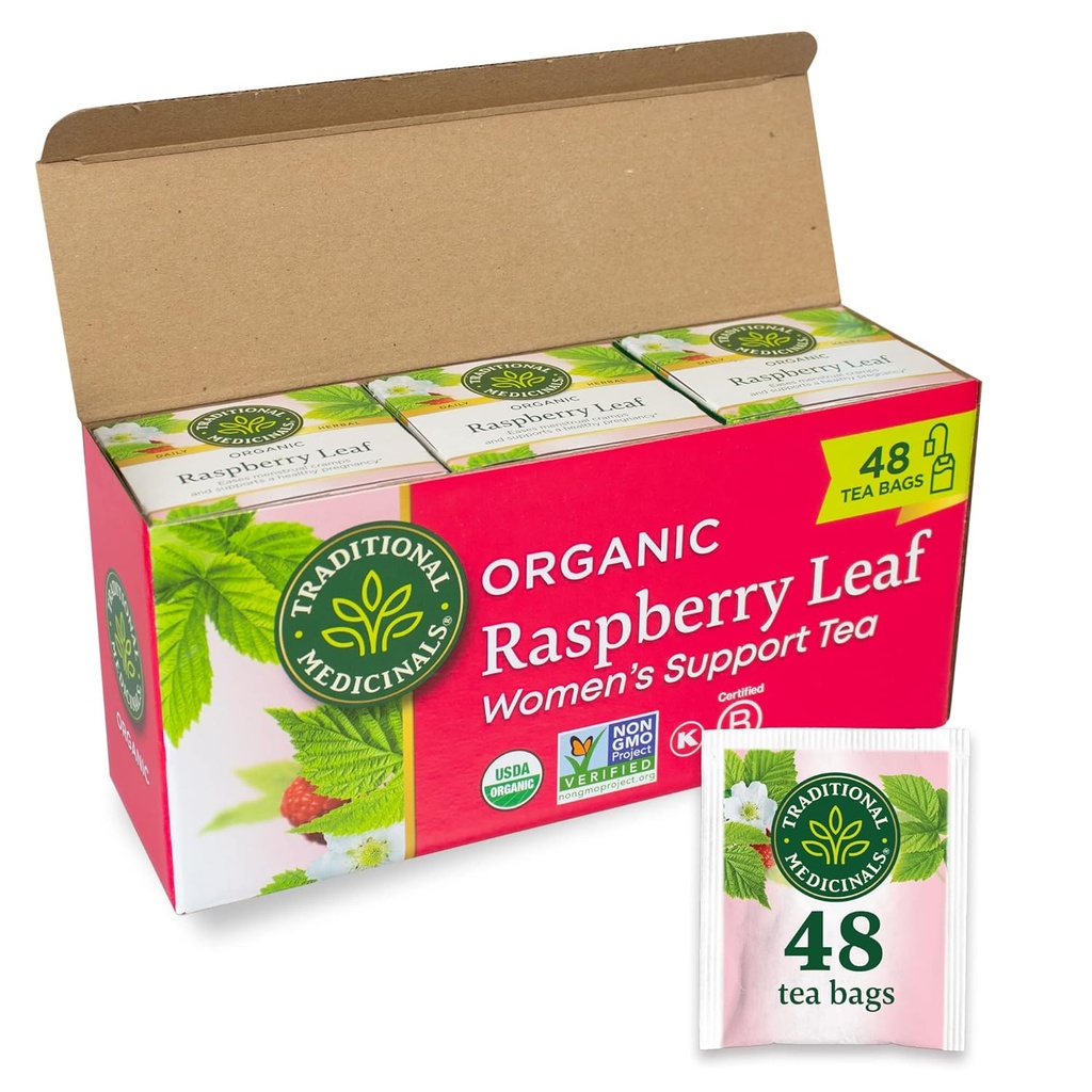 Tradiční léky čaj, Organic Raspberry Leaf, Eass Menstrual křeče, podporuje zdravé těhotenství, 48 čajové sáčky (3 balení)