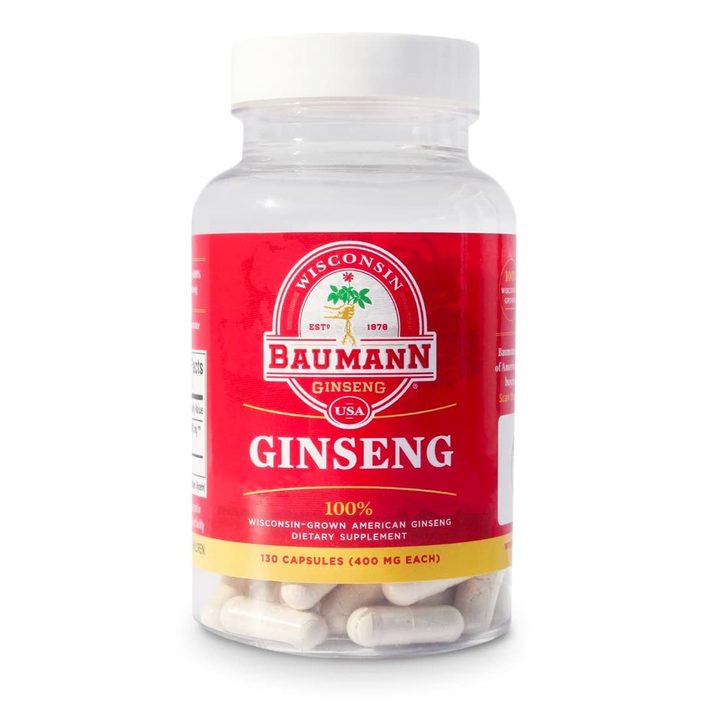 Baumann Wisconsin Ginseng Kapsle 130 pilulky 400 mg - čistý americký Ginseng Root Extract Powder v každé pilulce - 100% přírodní Panax Ginseng dodatek pro imunitní podporu, Focus and Energy