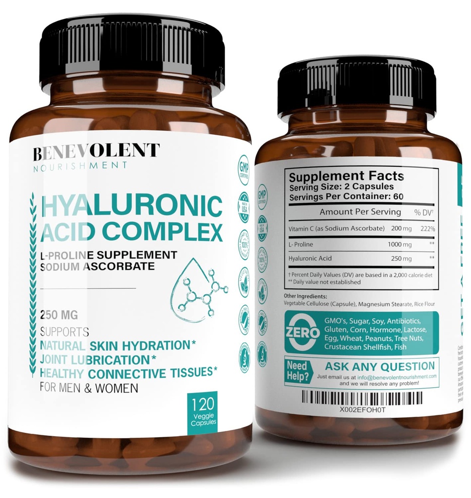 Hyaluronová kyselina Doplňky 250mg s 200 mg vitaminu C, 1000mg L- Proline & Anti- Aging Výhody, Hyaluronová kyselina Kapsle pro mladistvou pleť, Spoje a spojovací tkáně Zdraví - 120 Kapsle