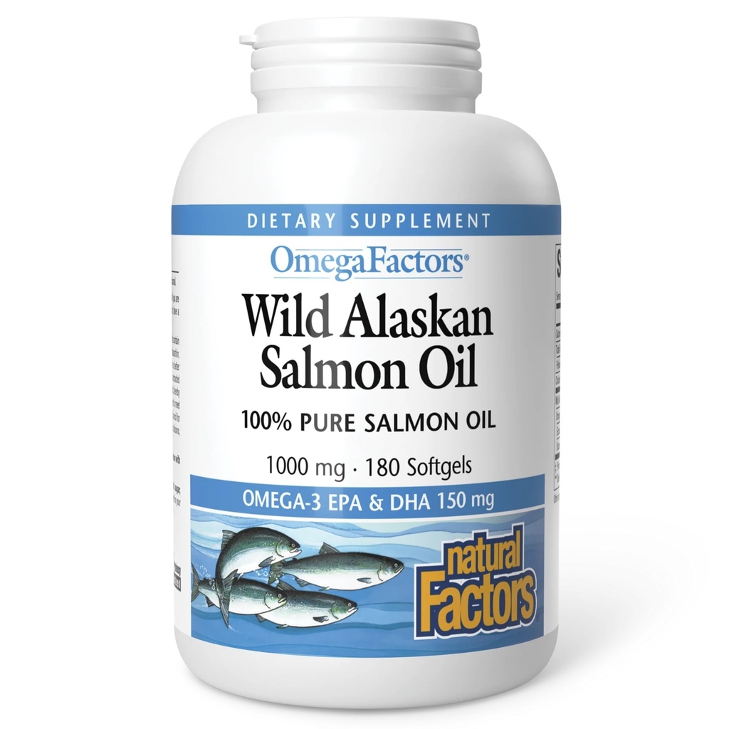 Přírodní faktory Wild Aljašský losos Oil poskytuje Omega-3, EPA, DHA & Vitamin D, podporuje zdraví mozku a srdce, 180 Softgels