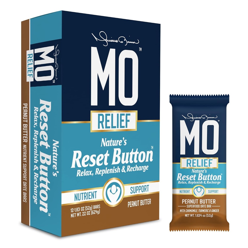 "MO RELIEF" BARS - All- Natural Superfood Snack Bar - Recovery Snack Bary - Po cvičení Nutriční podpora s daty, heřmánek, kurkuma, & Ginger - (12 barů v krabici) (arašídové máslo)