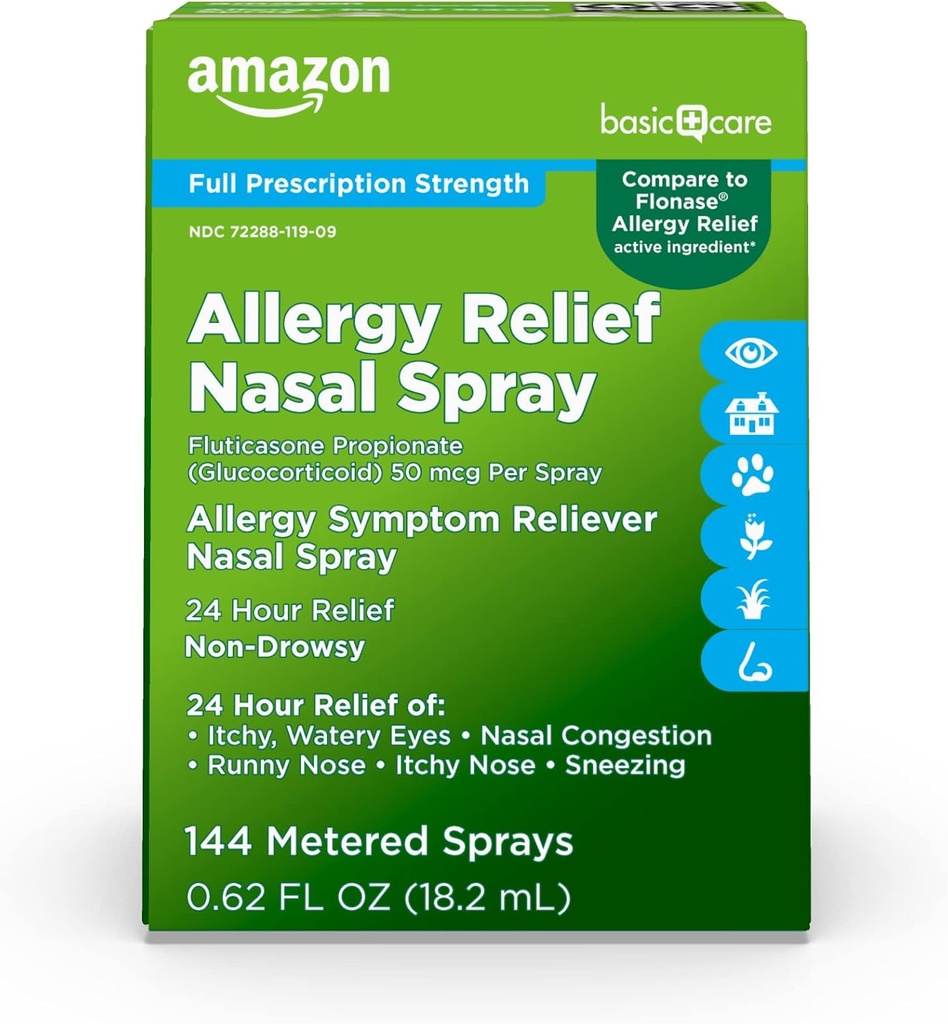 Antialergie Relief Nasal Spray, Flutikason- propionát (Glukokortikoid), 50 mcg, Plný předpis Síla, Non- Drowsy, 0, 62 fl oz (Balení po 1)