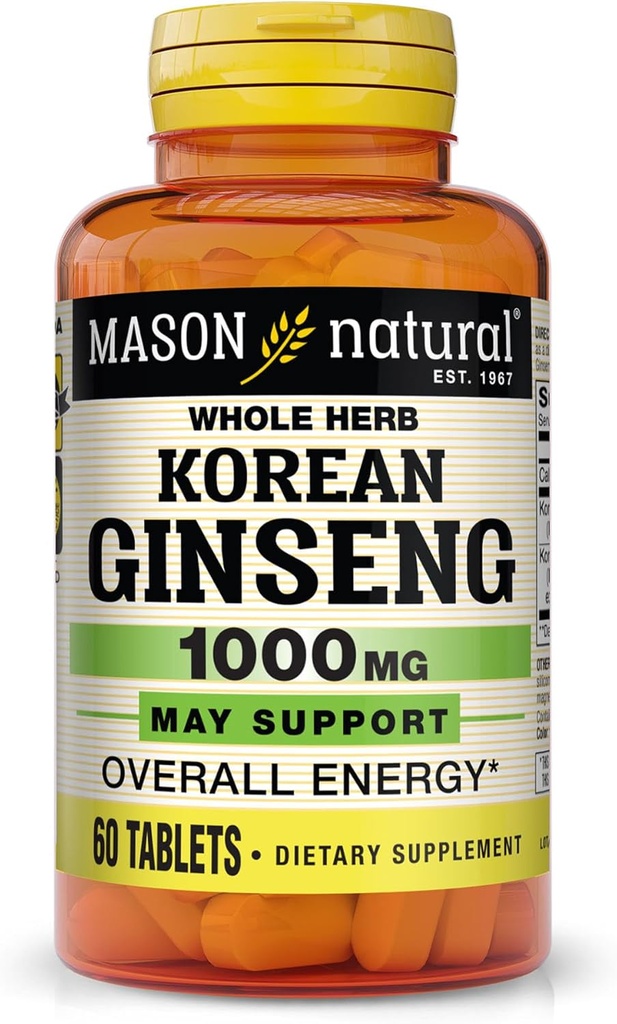 MASON NATURAL Korean Ginseng 1 000 mg, podporuje energii, vytrvalost a vitalitu, 60 tablet