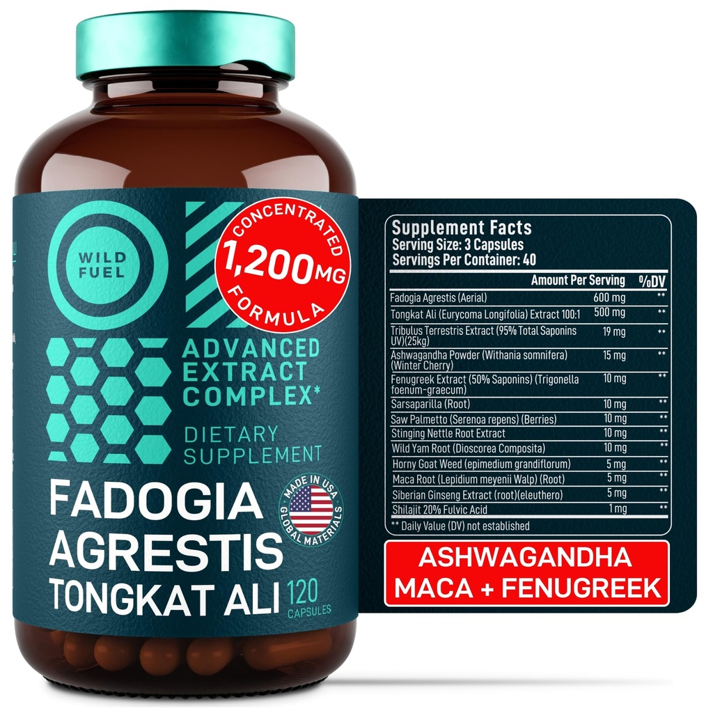 Fadogia Agrestis a Tongkat Ali dodatek - 600mg Fadogia Agrestis pro muže, 500mg Longjack Tongkat Ali, Ashwagandha Maca Fenugreek Complex - Svalová síla, energie, Mood Support - 120 Kapsle
