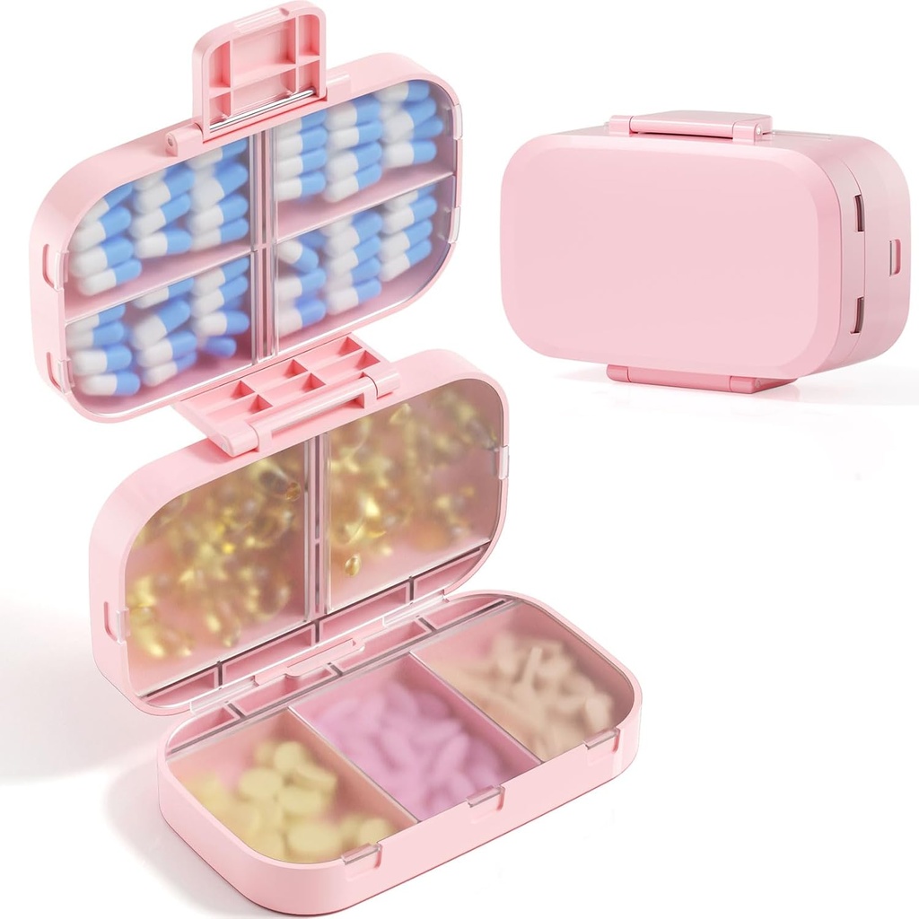 MEACOLIA Triple- Skládací Pořadatel pilulek, 9 Compartments Travel Pill Pouzdro s velkou kapacitou, Denní Pill Box Malé Pill Kontejner pro vitamín, Cod Játra Oil, Doplňky (Růžový)