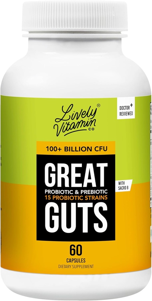 LIVELY VITAMIN CO. Great Guts Probiotic - 100 miliard CFU Probiotic - Balance Gut Microbiome, GI Tract, Zánět, Požití, Reflux, Upset Stomach, & Průjem - 60 Caps