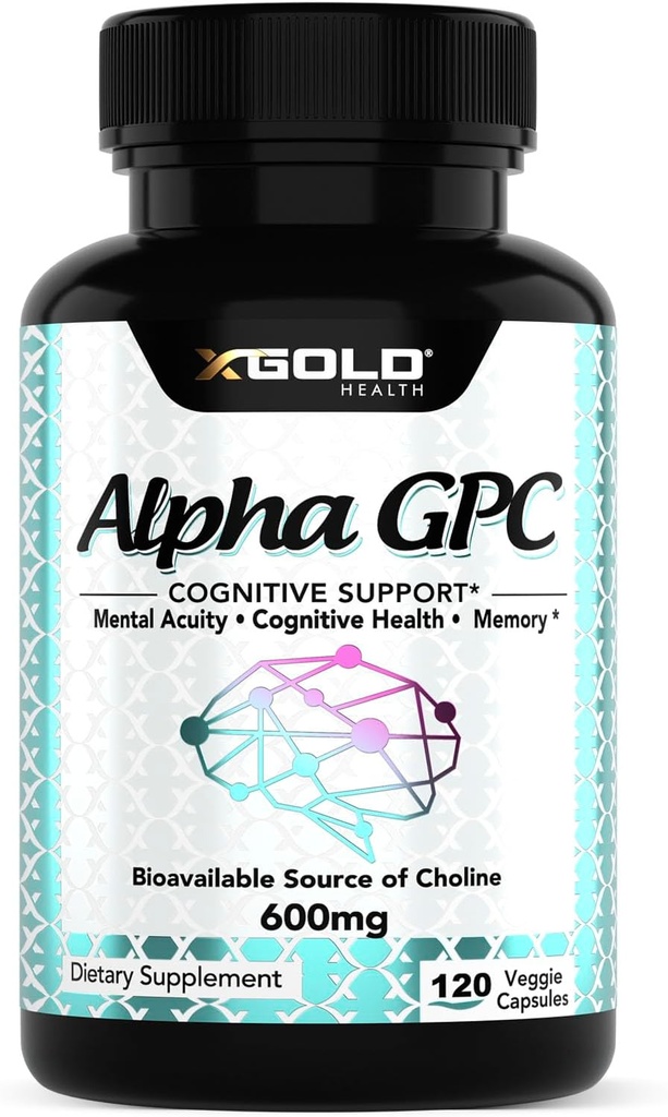 Alpha GPC Choline 600mg, 99% čistý nootropní doplněk, 120 Veggie kapsle, Cognitive Enhancer pro paměť, Brain Health & Focus