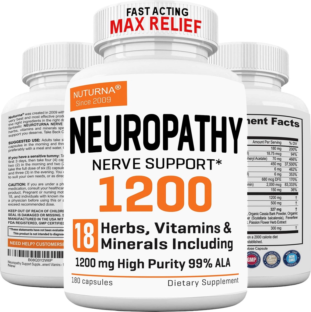Dodatek k podpoře neuropatie s 1200 mg HP- 99 Kyselina alfa - Max Strength ALA Nerve Formule pro nohy nohy - Ultra potent 18 v 1 Natural Periferní Nerve Vitamíny - 180 Kapsle