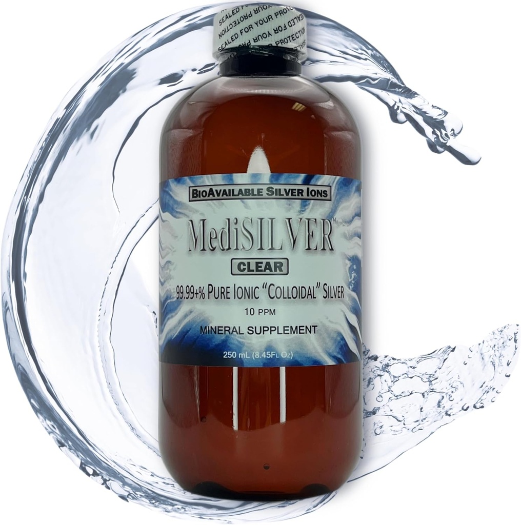 MediSILVER Clear True Free Ionic Koloidní stříbrná dietní doplněk - 250 ml (8.45 Fl Oz) v BPA- Volný oranžová plastová láhev