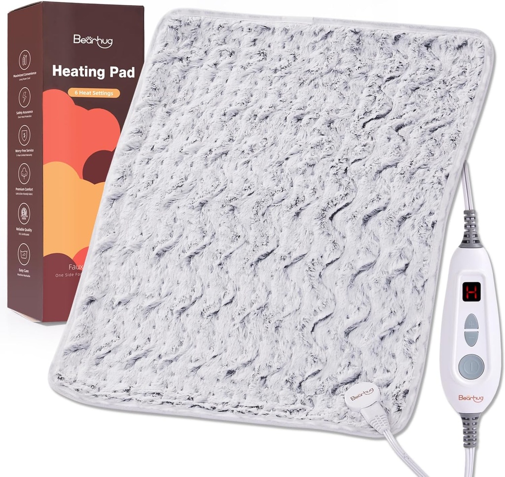 Bearote XL Elektrický topný panel 20 "x24" Double-Sided Faux Fur vyhřívaný Pad, 6 Teplo úrovně, 2H Auto- Off, Moist & Dry Teplo terapie pro bolest zad, Machine Wassable, ETL Certified, Dárkové krabice