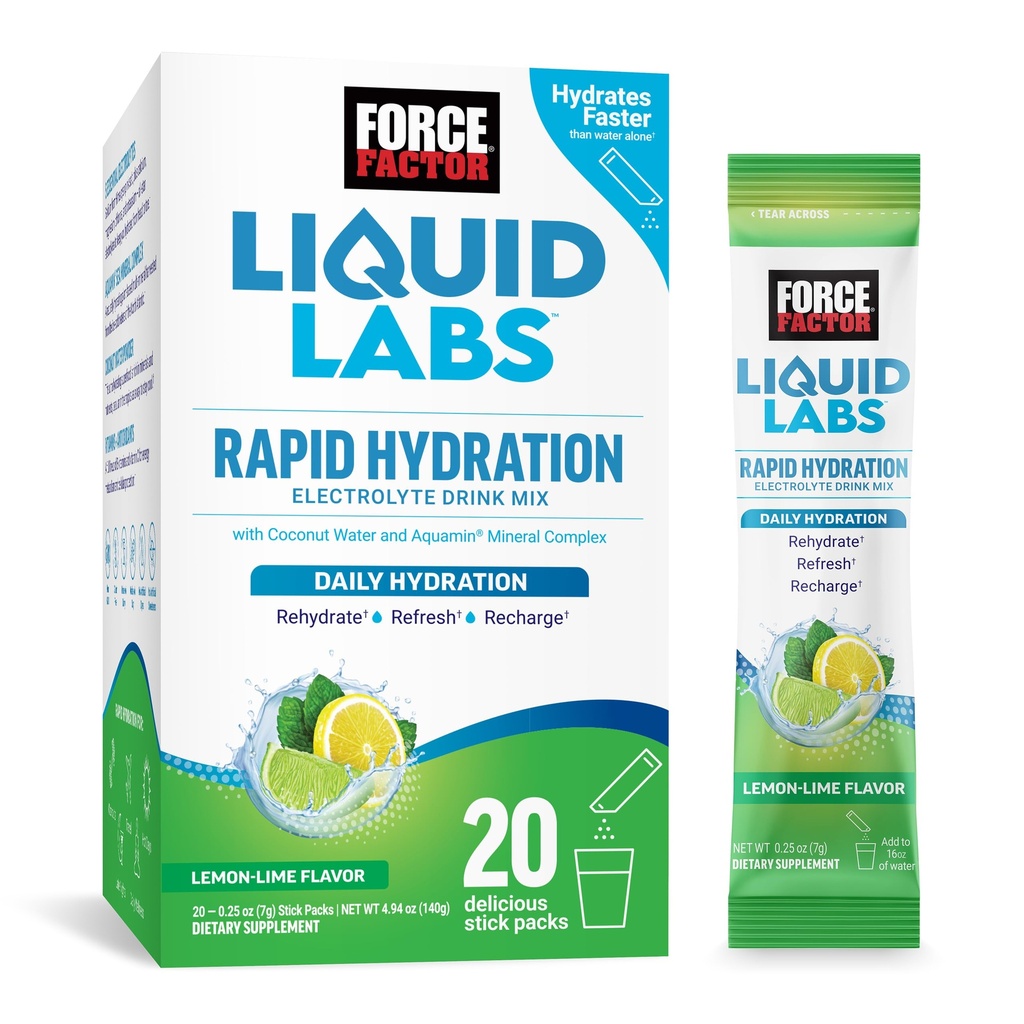 FORCE FACTOR Liquid Labs Electrolytes Powder Packets - Lemon Lime - Hydratační balíčky na výrobu elektrolytové vody s 5 esenciálními elektrolyty, vitamíny, minerály a antioxidanty, 20 Stick Packs