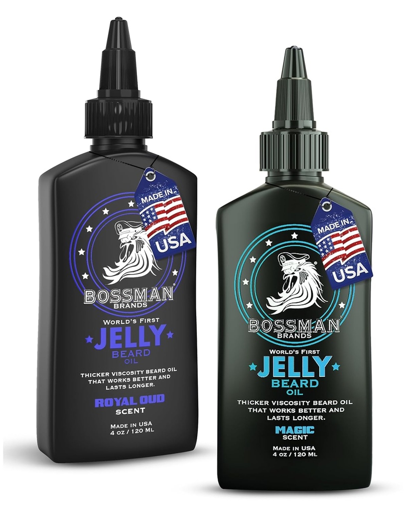 Bossman Jelly Beard Oil pro muže Bundle 124; 2 Pack, 8 oz (Magic + Royal Oud Sents) Oil 124; Softens, Moisturizes & Conditions with Natural Ingredients - Made in the USA
