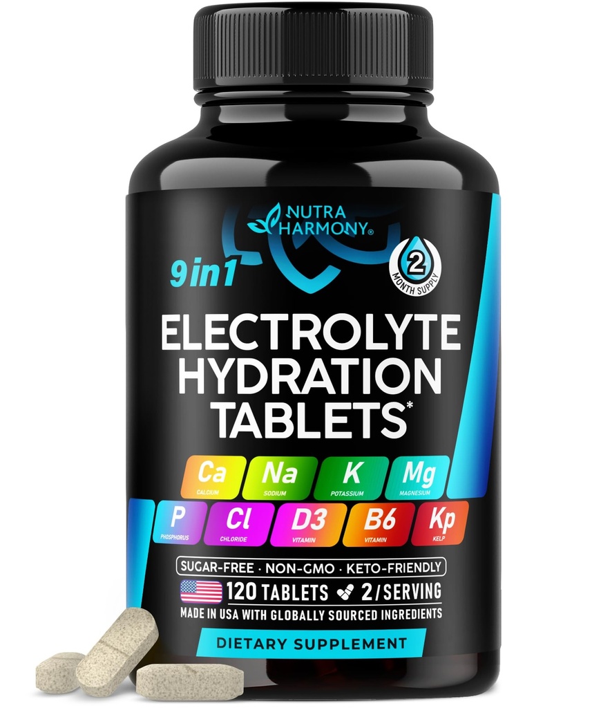 Elektrolyty - Elektrolytové tablety s hořčíkem, sodík, draslík, chlorid, vitaminy D3 & B6, Kelp Powder - Salt Pills - Made in USA - Perorální tablety jako kapsle - Vegan & Keto Friendly - 120 Tabs