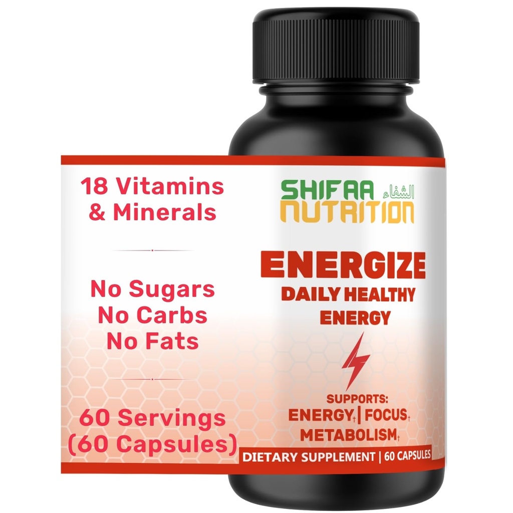 SHIFAA NUTRITION Energize, Natural Daily Energy Vitamins CLAS124; Jitter- Free, 60 Servings CLAS124; Podporuje Focus, Mood, Brain, Metabolismus CLAS124; w / Caffeine & Taurin, B1, B2, B5, B6, B7, B9, B12 Halal Vitamíny