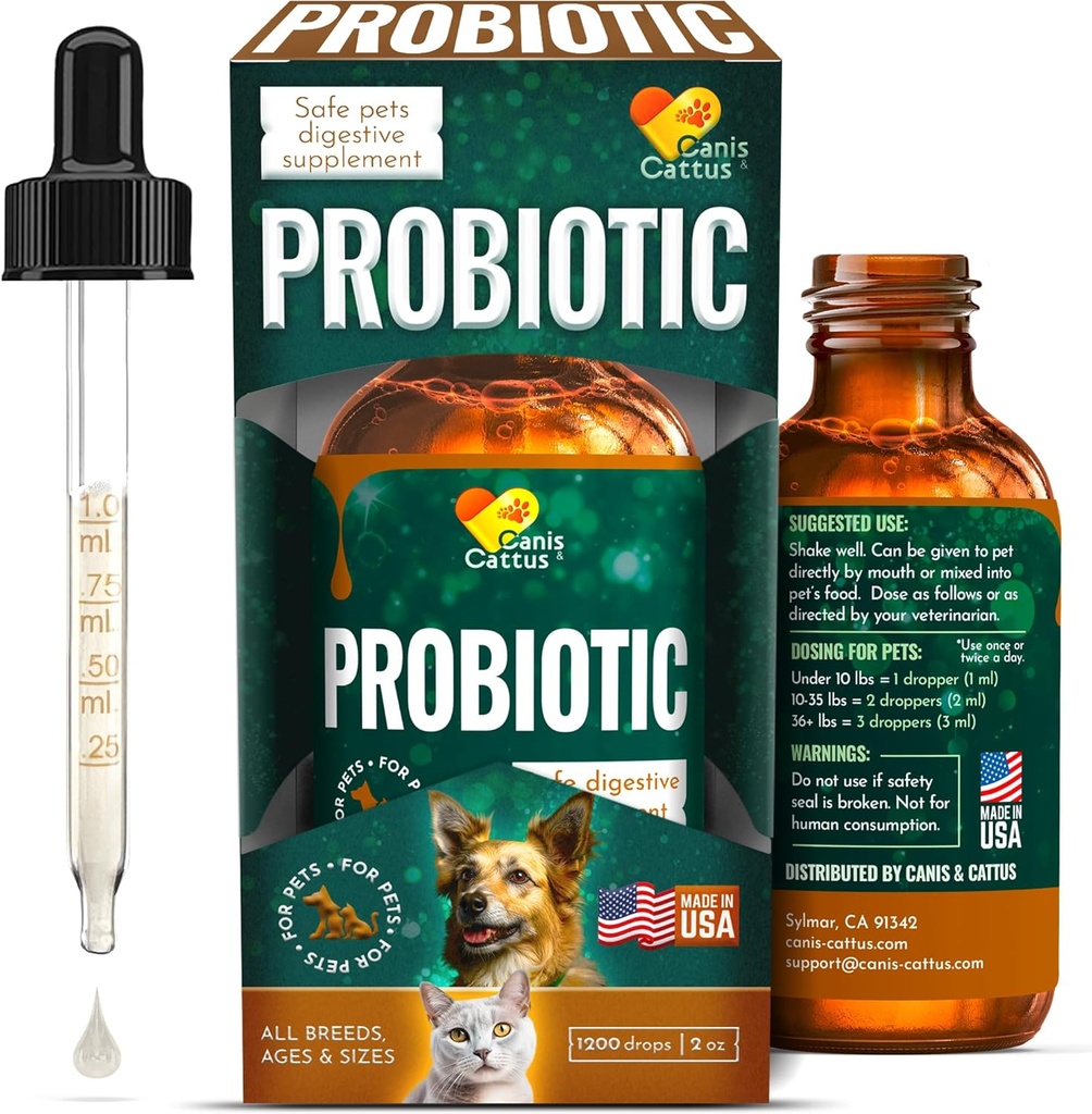 Canis & Cattus Probiotics for Cats - Liquid Cat Probiotics with Digestive Enzymes for Gas, Bloating, Diarrhea & Upset Stomach - Easy- Mix Drops - 2 oz