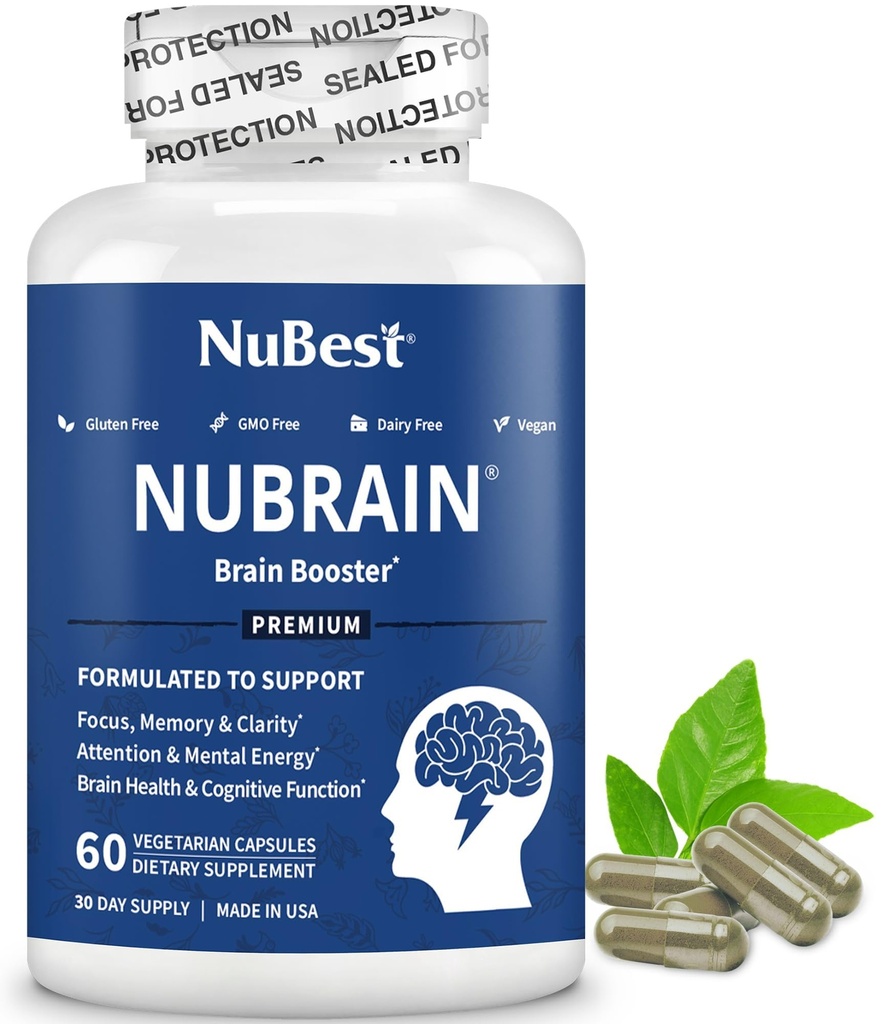 NuBrain Booster - Mozkový dodatek pro Brain Booster, Paměť, Focus & Clarity Support with St. John 's Wort, Ginkgo Biloba, Bacopa & More - 60 Vegan Kapsle 124; 1 Měsíční dodávka