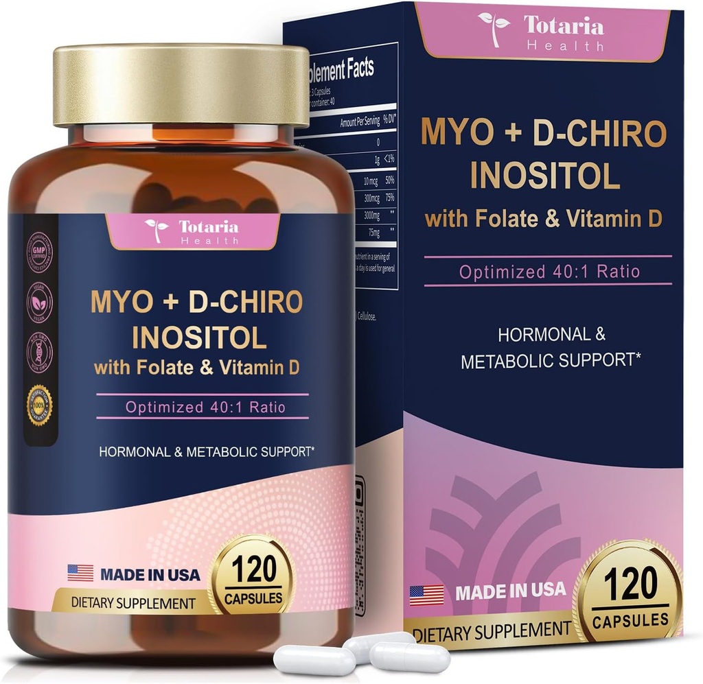 Totaria Inositol Dodatek pro ženy s vitamínem D3, Folát, 40: 1 Poměr Myo- Inositol 3000mg & D- Chiro Inositol 75mg Komplex, Vitamin B8 Inositol Dodatek pro ženy vlasy, hřebík, zdraví kůže