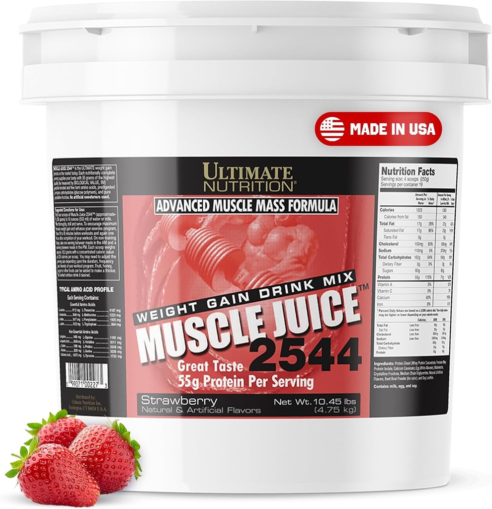 Ultimate Nutrition Muscle Juice, Weight Gain Drink Mix - Mass Gainer Workout Powder for men & Women - Doplněk pro Lean Muscle Growth & Imunitation Support with 55g Protein - Jahoda, 10.45lb