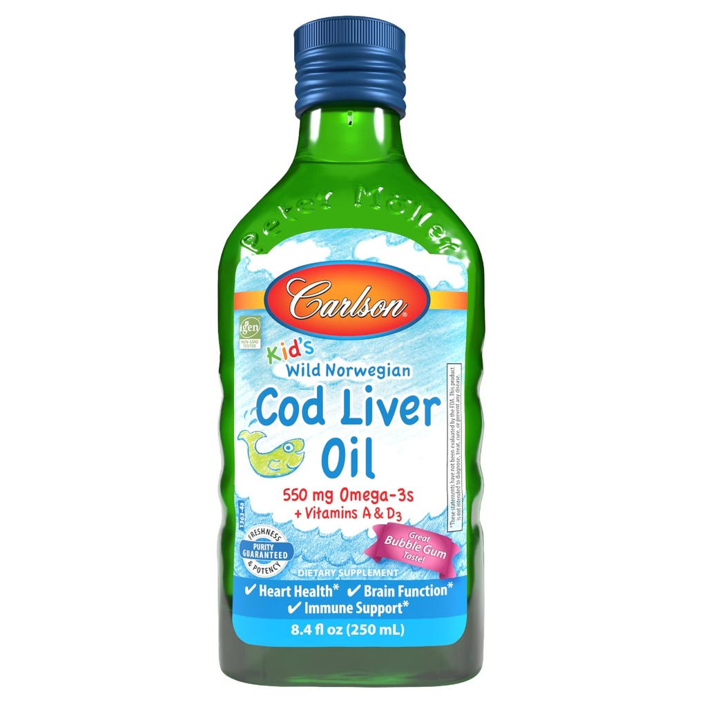 Carlson - Kid 's Cod Jaterní olej, 550 mg Omega-3s, Vitamíny A & D3, Wild Norsky, Bubble Gum, 250 ml