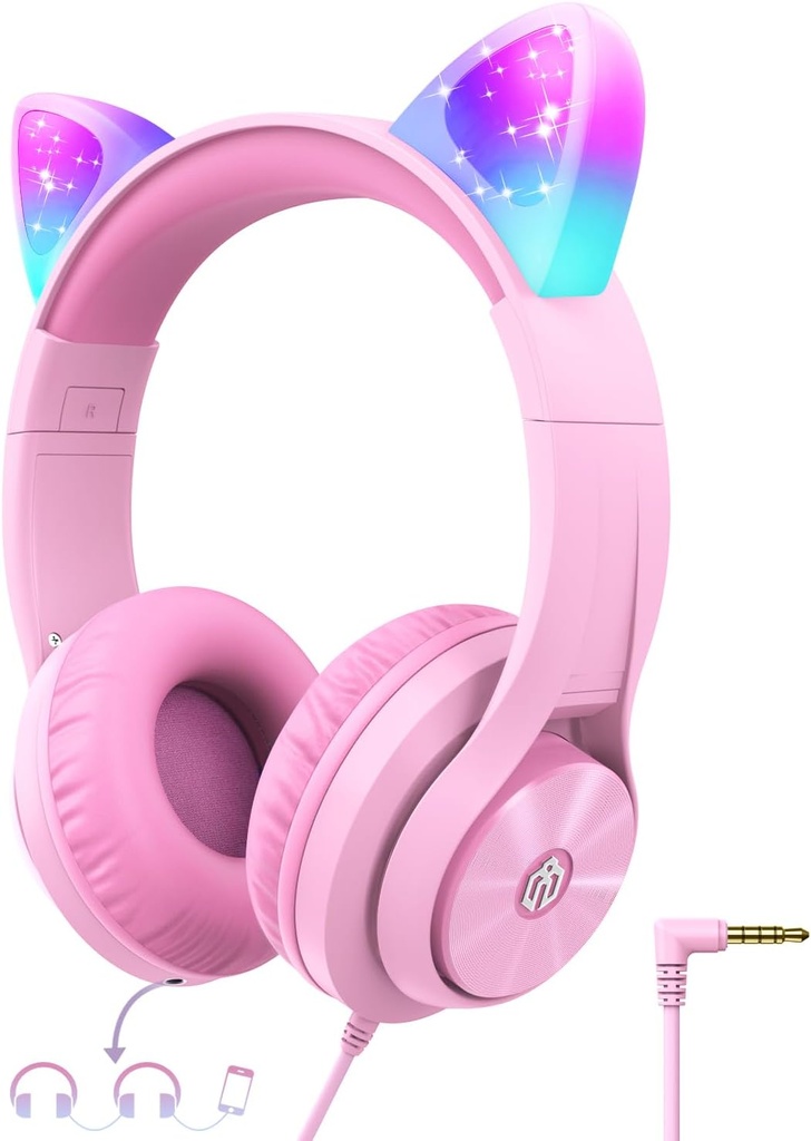 iClever Děti sluchátka s Cat Uar Led Light Up, Safe Volume Limit, FunShare, Skládací, Over- Ušní sluchátka pro děti pro školy / iPad / Tablet / Cestování, Meow Donut- Pink