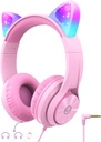 iClever Děti sluchátka s Cat Uar Led Light Up, Safe Volume Limit, FunShare, Skládací, Over- Ušní sluchátka pro děti pro školy / iPad / Tablet / Cestování, Meow Donut- Pink
