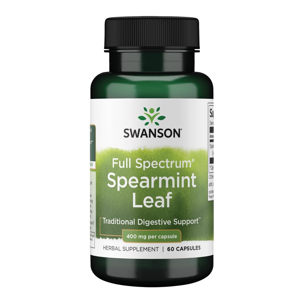 Swanson Spearmint Leaf (Mentha Spicata) - Kompletní dodatek ke spektru Bylinné doplňky Podpora trávicího zdraví & Mírné otázky žaludku - Přírodní vzorec Podpora zdraví & Wellness - (60 Kapsle, 400mg každý)