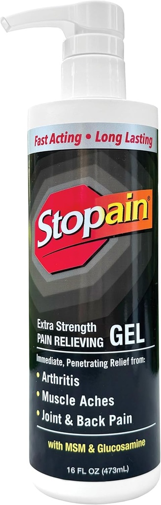 Stopain Pain Relief Gel 16oz, USA Made, Max Strength Fast Acting with Menthol, MSM, Glucosamine for Joint Pain, Back Pain, Artritis, Knee, Neck Pain, HSA FSA Schválené OTC Topical Angesic Product