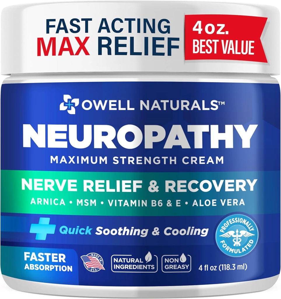 Owell Naturals Neuropatie Nerve Relief Cream, Maximální síla, Mastnota, Přírodní ingredience Arnica, Aloe Vera, MSM, Vitamin B6 pro nohy, ruce, nohy, Toes Discomfort, 4 Fl Oz (balení po 1)