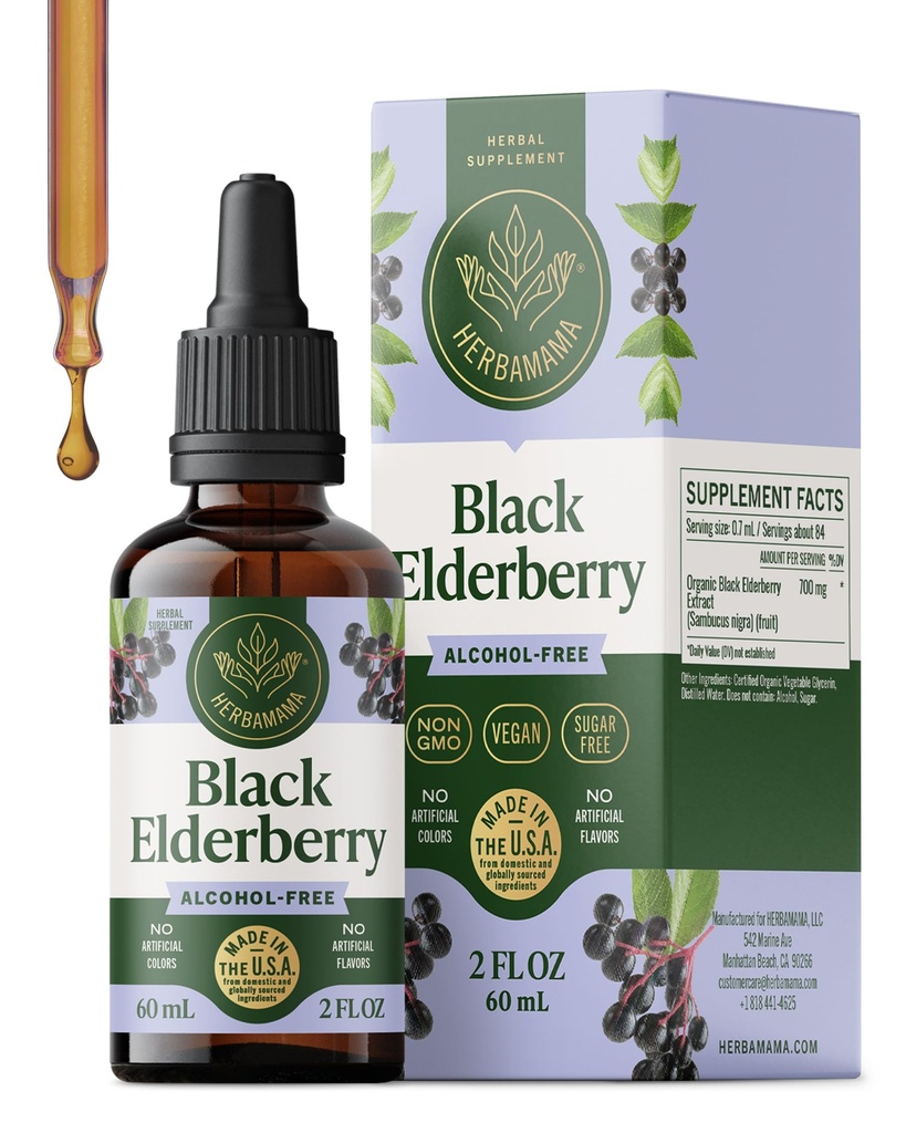 HERBAMAMA Black Elderberry Drops - Vegan Elderberry Liquid Extract pro imunitní podporu - Non- GMO, Alkohol & Sugar- Volný doplněk imunity, 21- Day Supply